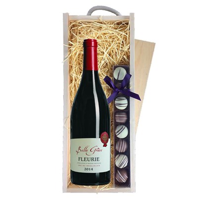 Fleurie Domaine du Montillet 75cl Red Wine & Heart Truffles, Wooden Box
